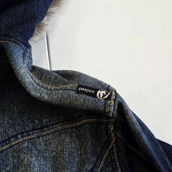 Vtg Ecko Red Jacket Women 14 Denim Faux Fur Hood No Pockets Lined Y2K Runs Small - Picture 15 of 16